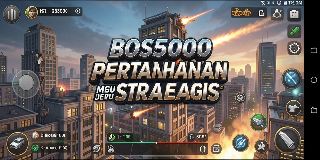 Tampilan screenshot utama BOS5000 menampilkan gameplay Tower Defense yang dinamis.