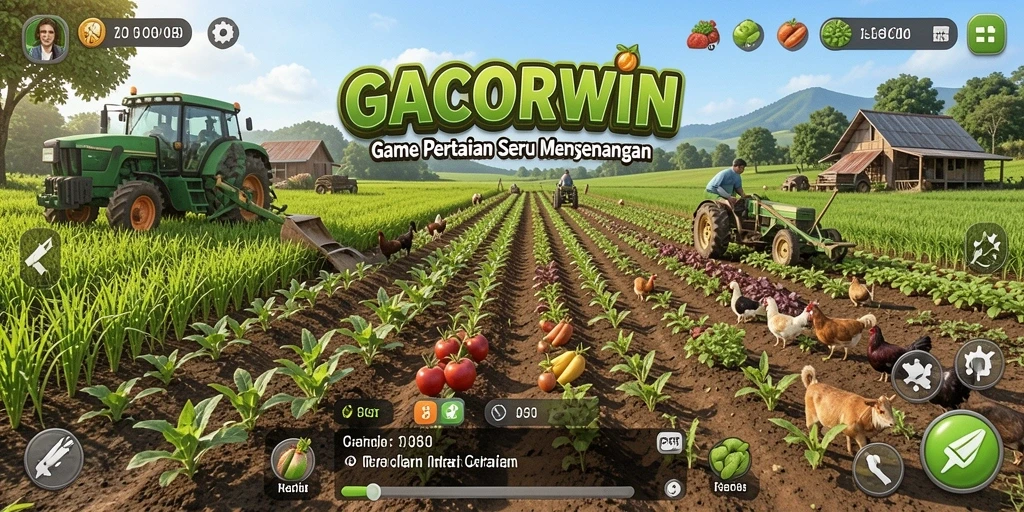 Screenshot GACORWIN menunjukkan petani merawat ladang dengan penuh semangat.