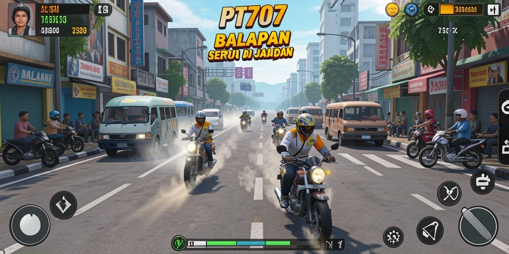 Screenshot PT707 menampilkan aksi balapan yang menegangkan di trek yang menarik.